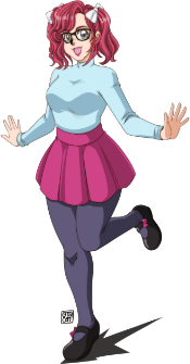 A drawing of Kara Rose in a pale blue top, pink skirt, and purple tights